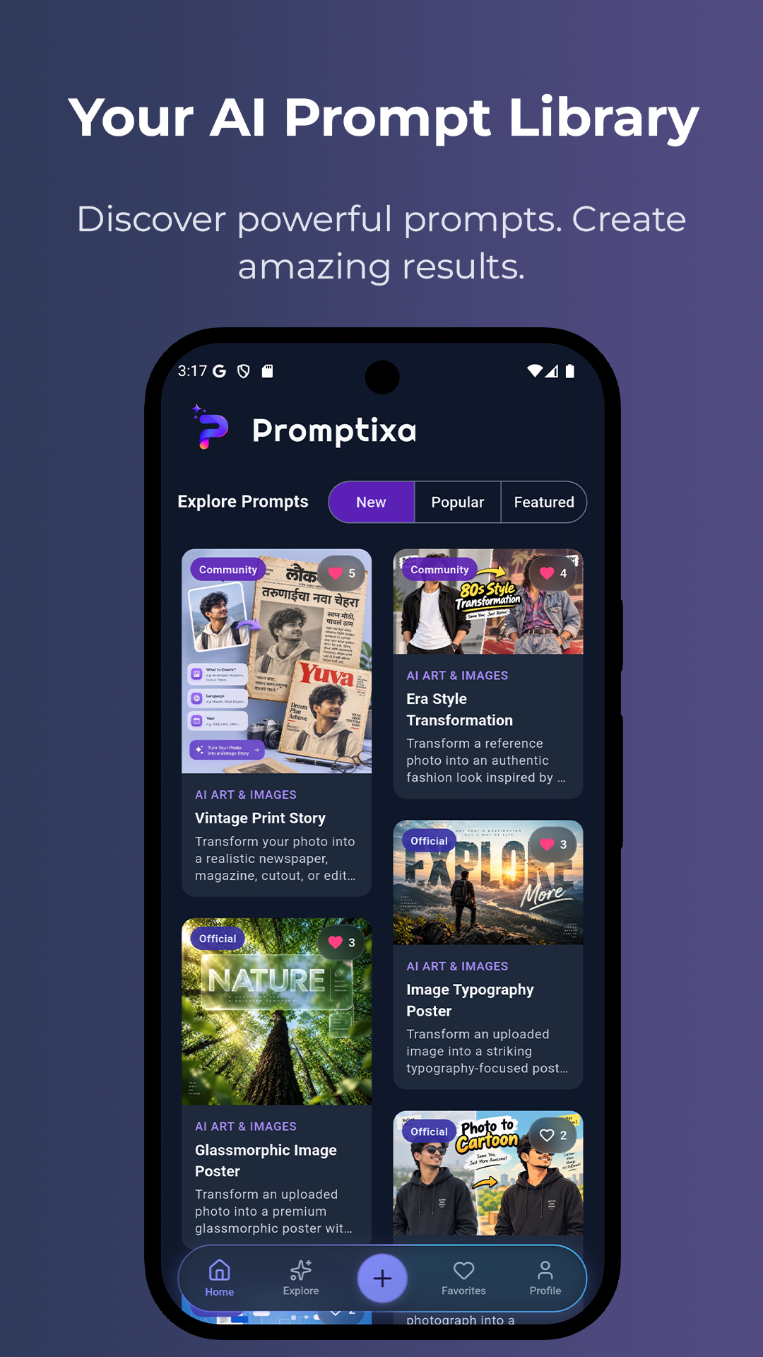 Promptixa Mobile Interface displaying AI Prompt Library with New, Popular, and Featured streams
