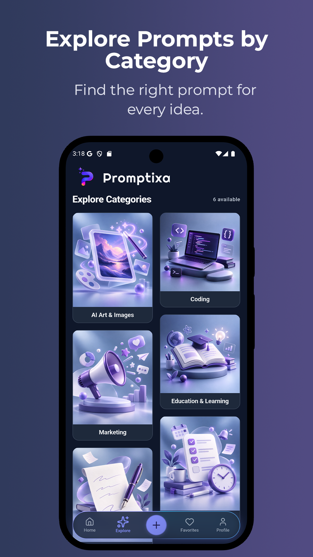 Promptixa Explore Categories screen displaying AI Art, Coding, Marketing, and Education categories