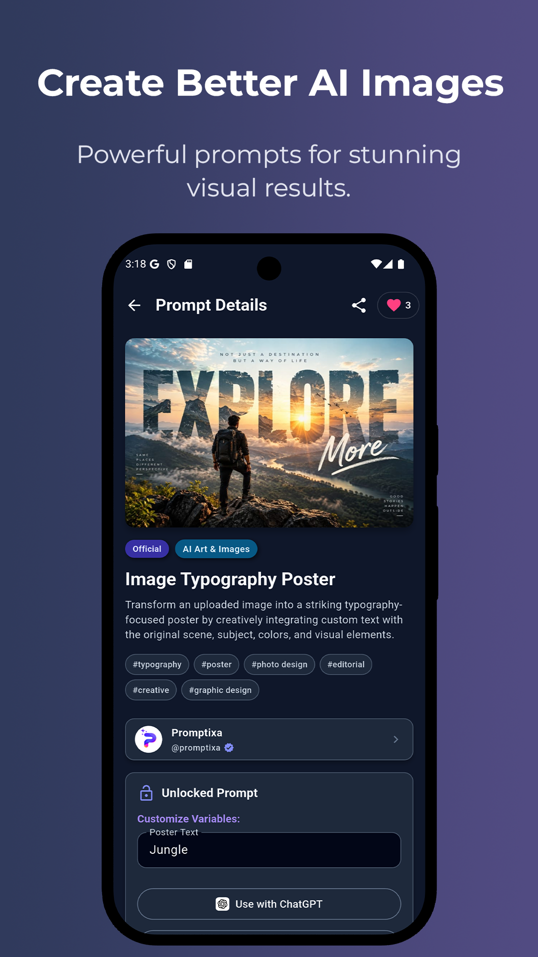 Promptixa Image Typography Poster screen showing high-end mountain sunset typography artwork