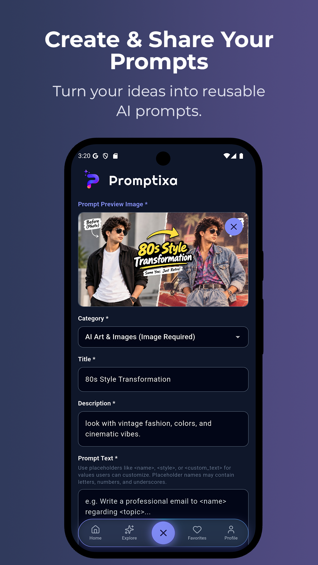 Promptixa Create and Share Prompts screen for submitting community templates