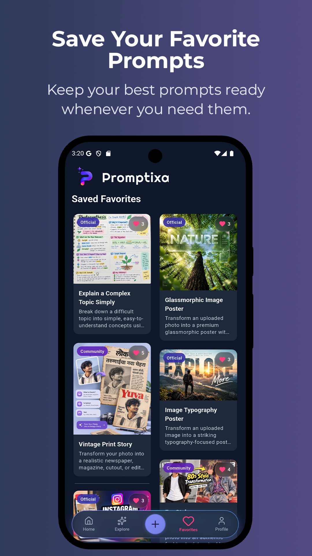 Promptixa Saved Favorites screen organizing bookmarked templates
