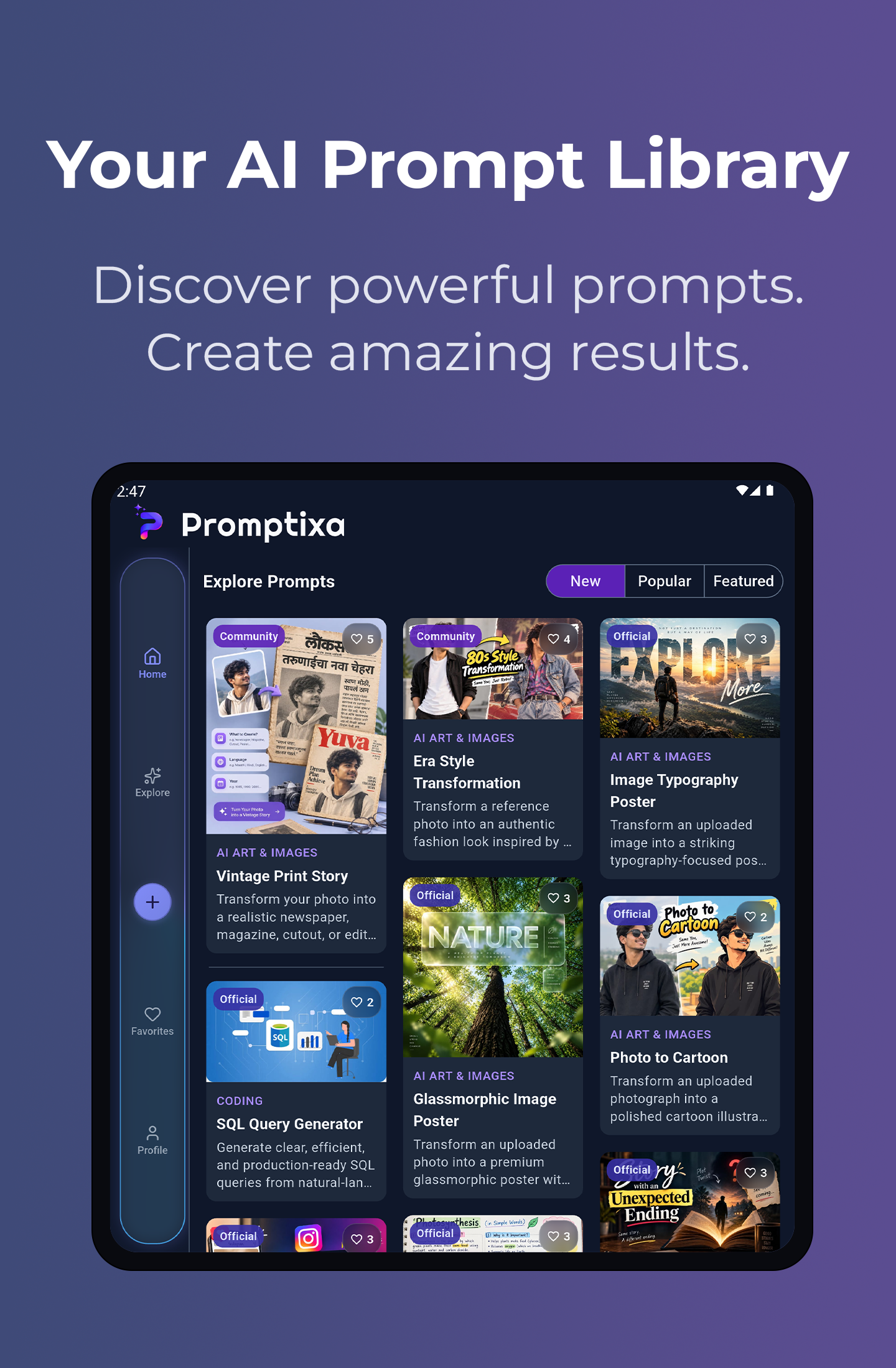 Promptixa Tablet AI Prompt Library Screen