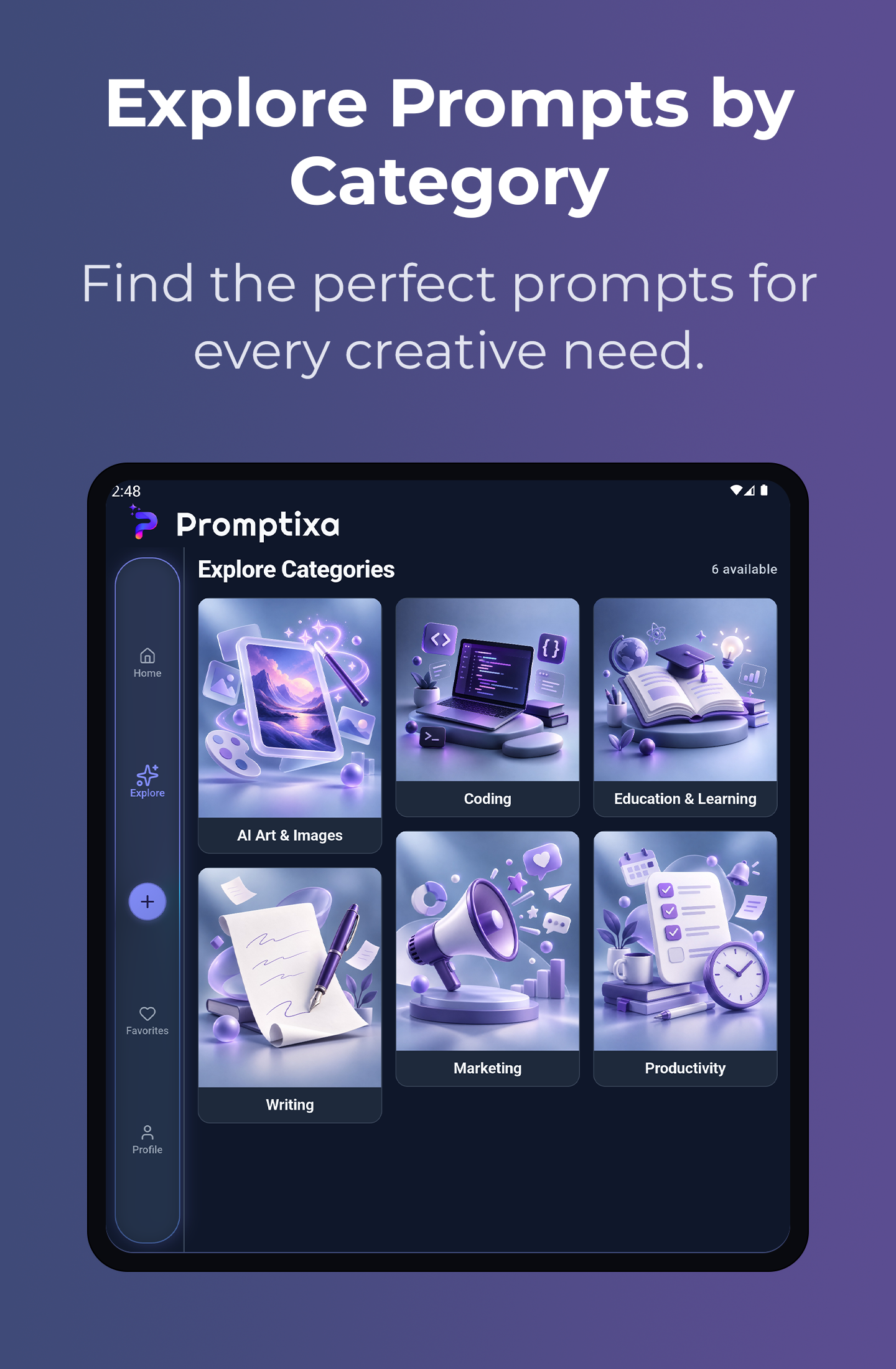 Promptixa Tablet Explore Categories Screen